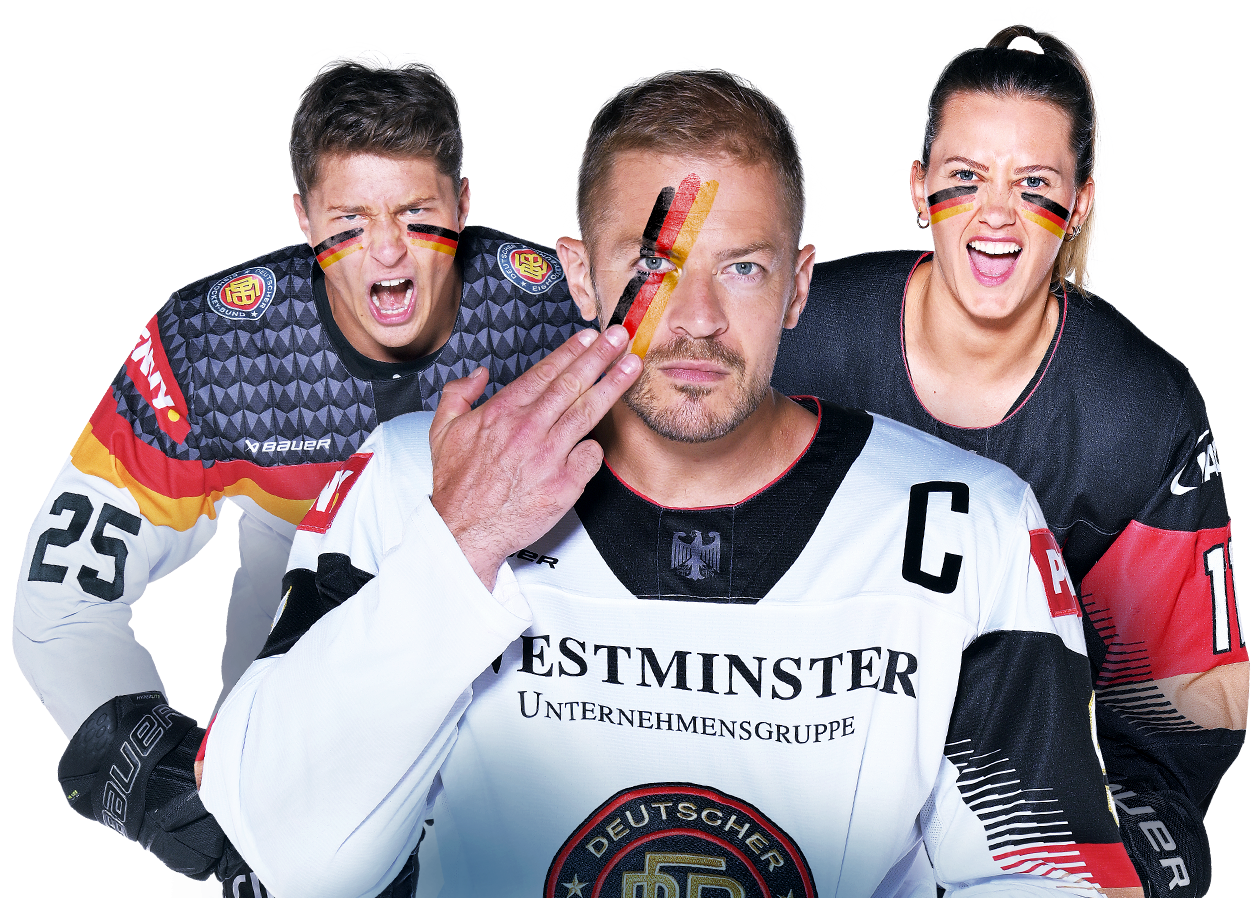 Zwei Spieler der deutschen Nationalmannschaften schauen fokussiert in die Kamera.